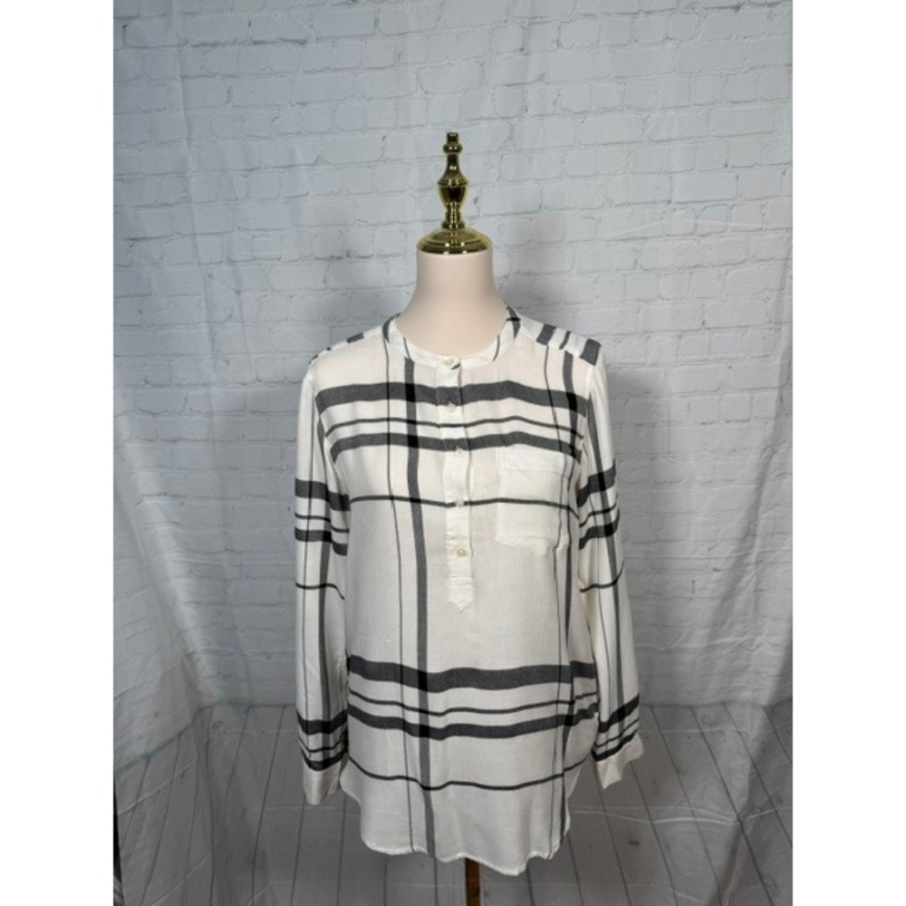 NWT Lucky Brand Black White Plaid High Low Blouse Women's S Roll Tab Sleeve